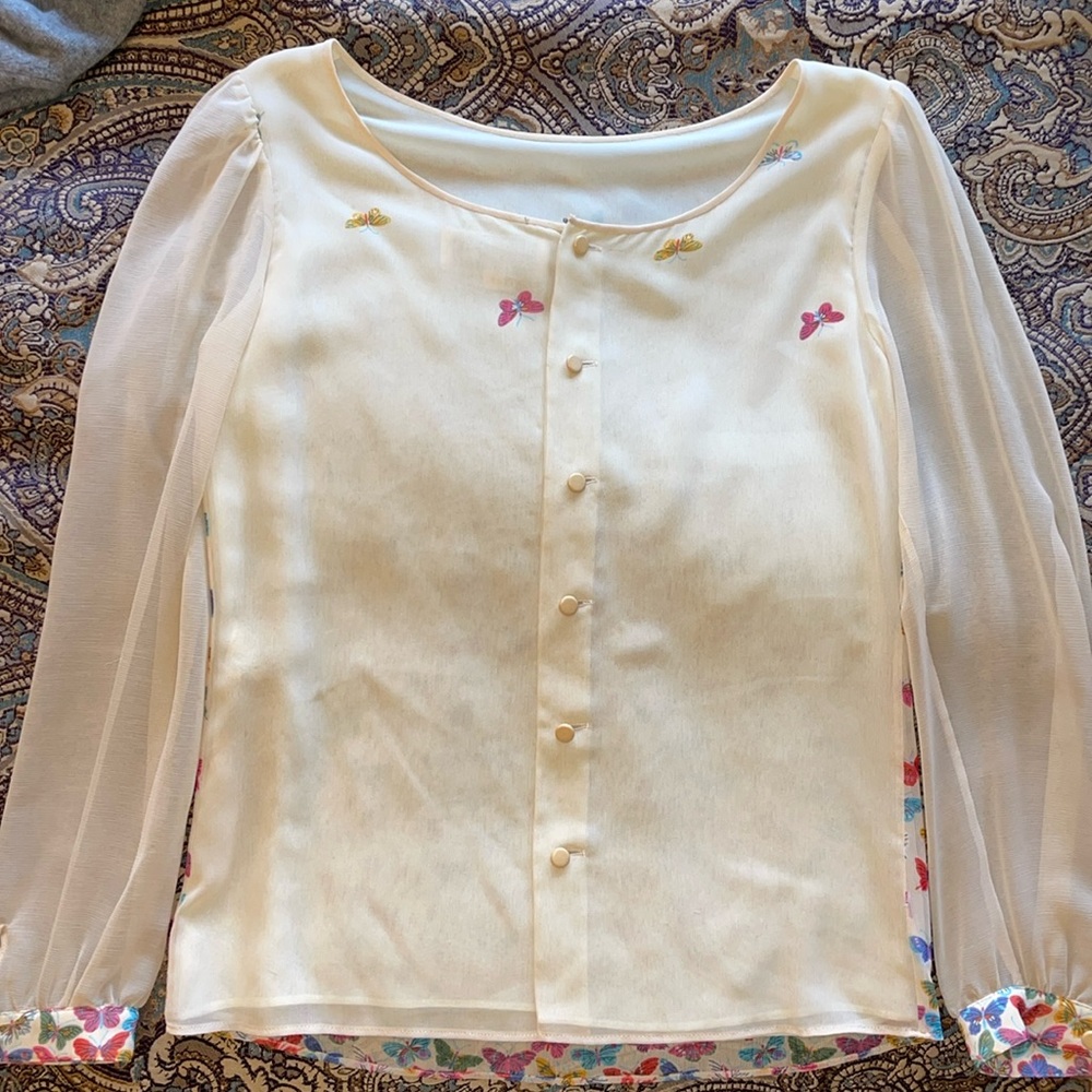 Japanese- Hanae Mori Brand- New York. Size: "7". Beige- Shirt with Butterflies